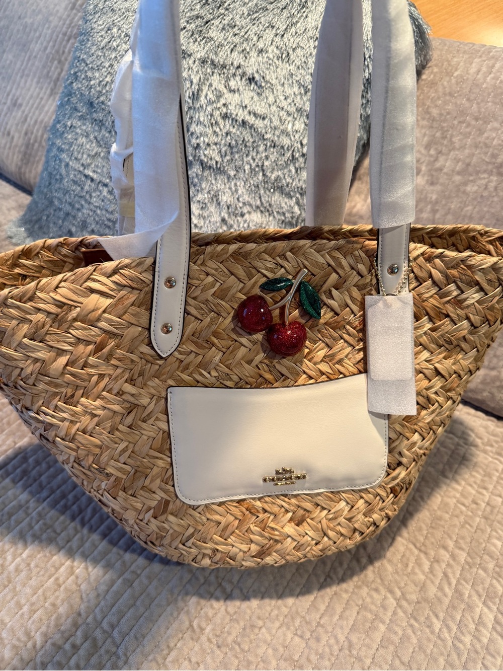 COACH Large Straw Basket Tote with Cherry Charm Natural Chalk Leather RARE NWT - Picture 2 of 11
